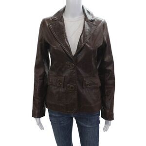 Doma Women Leather Blazer Brown Collared Button Long Sleeve Size XS